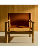 CALISTA sillón en madera maciza de fresno natural y cuero natural marrón claro