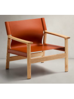 CALISTA sillón en madera maciza de fresno natural y cuero natural marrón claro