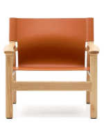 CALISTA sillón en madera maciza de fresno natural y cuero natural marrón claro