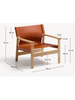 CALISTA sillón en madera maciza de fresno natural y cuero natural marrón claro