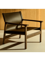 DESTOY fauteuil en bois de frêne massif finition noyer et cuir naturel marron foncé