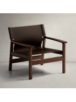 DESTOY sillón en madera maciza de fresno con acabado nogal y piel natural marrón oscuro