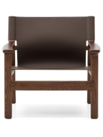 DESTOY fauteuil en bois de frêne massif finition noyer et cuir naturel marron foncé