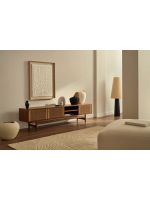 BOLO TV stand 200x50h in walnut veneer and rope and feet in solid walnut wood