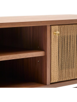 BOLO TV stand 200x50h in walnut veneer and rope and feet in solid walnut wood