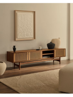 BOLO TV stand 200x50h in walnut veneer and rope and feet in solid walnut wood
