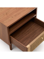 BOLO night table in walnut veneer and rope and feet in solid walnut wood
