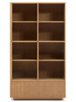 GERUSAL 100x174h cm display cabinet with sliding doors in tempered glass and oak veneer