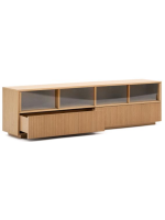 GERUSAL Meuble TV 200x54h cm avec portes coulissantes et tiroirs en verre trempé et placage chêne