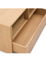 GERUSAL Mueble TV 200x54h cm con puertas correderas y cajones en cristal templado y chapa de roble