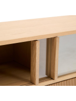 GERUSAL Mueble TV 200x54h cm con puertas correderas y cajones en cristal templado y chapa de roble