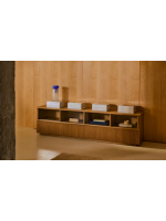 GERUSAL TV cabinet 200x54h cm with sliding doors and drawers in tempered glass and oak veneer