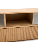 GERUSAL Meuble TV 200x54h cm avec portes coulissantes et tiroirs en verre trempé et placage chêne
