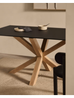 SHANELLE Table design 160x90 cm pieds en acier couleur bois et plateau en verre trempé noir
