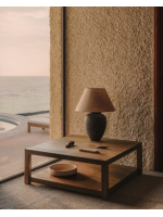 COMET Lampe de table en céramique avec finition noire et abat jour en lin naturel