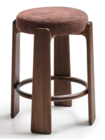 MEDEA taburete alto 65 o 75 cm en tejido efecto chenilla marrón y patas en madera maciza de fresno con acabado nogal