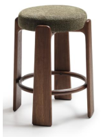 ABRUKA taburete alto 65 o 75 cm en tejido efecto chenilla verde y patas en madera maciza de fresno con acabado nogal