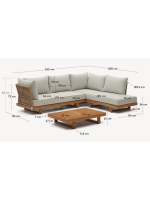 AUGUST canapé d'angle 265x200 et table basse en bois d'acacia massif et corde et coussins inclus pour extérieur ou intérieur