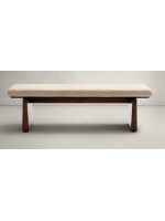 ADEL Puf de madera maciza de fresno en madera maciza de fresno con acabado oscuro y chenilla beige
