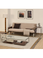 LEA 3 Sitzer Sofa aus wasserabweisendem Chenille mit Armlehnen aus Walnussfurnier und Beinen aus gebürstetem Edelstahl