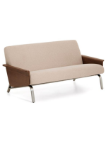 LEA 2 Sitzer Sofa aus wasserabweisendem Chenille mit Armlehnen aus Walnussfurnier und Beinen aus gebürstetem Edelstahl