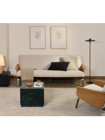 COSENZA divano 2 posti in ciniglia beige idrorepellente braccioli impiallacciato rovere e gambe in acciaio inox spazzolato