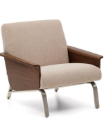 LEA Sillón en chenilla hidrófuga con reposabrazos de chapa de nueces y patas de acero inoxidable cepillado