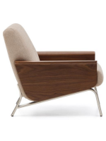 LEA fauteuil en chenille hydrofuge avec accoudoirs en placage de noyer et pieds en acier inoxydable brossé