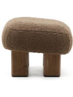 MOMENT Asiento puf en tejido bouclé marrón y patas en madera maciza de fresno con acabado nogal