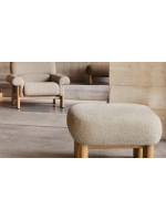 ARIEL Asiento de puf en tejido bouclé beige y patas de madera maciza de fresno natural