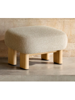 ARIEL pouf seat in beige bouclé fabric and legs in solid natural ash wood