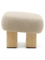 ARIEL pouf seat in beige bouclé fabric and legs in solid natural ash wood