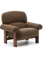 MOMENT fauteuil en tissu bouclé marron et pieds en frêne massif finition noyer