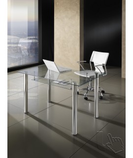 120 x 70 Glasschreibtisch mit Regal und verchromte Metallfuß ANGESPANNT